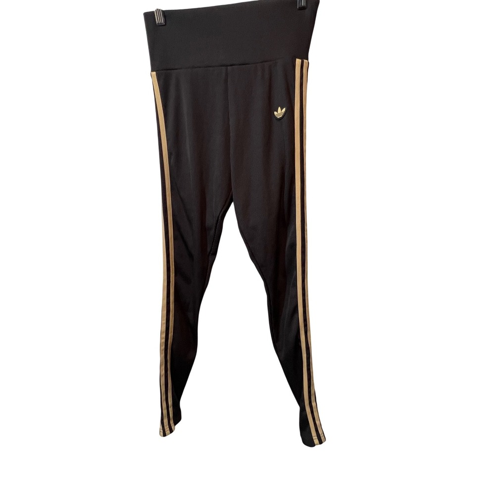 Adidas Black Gold Striped‎ Ribbed High Waist Leggings Pants Tights Women's Small